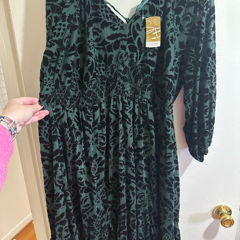 Suzanne Betro 2X Velvet Burnout Damask Midi Dress – NWT – Emerald Green & Black